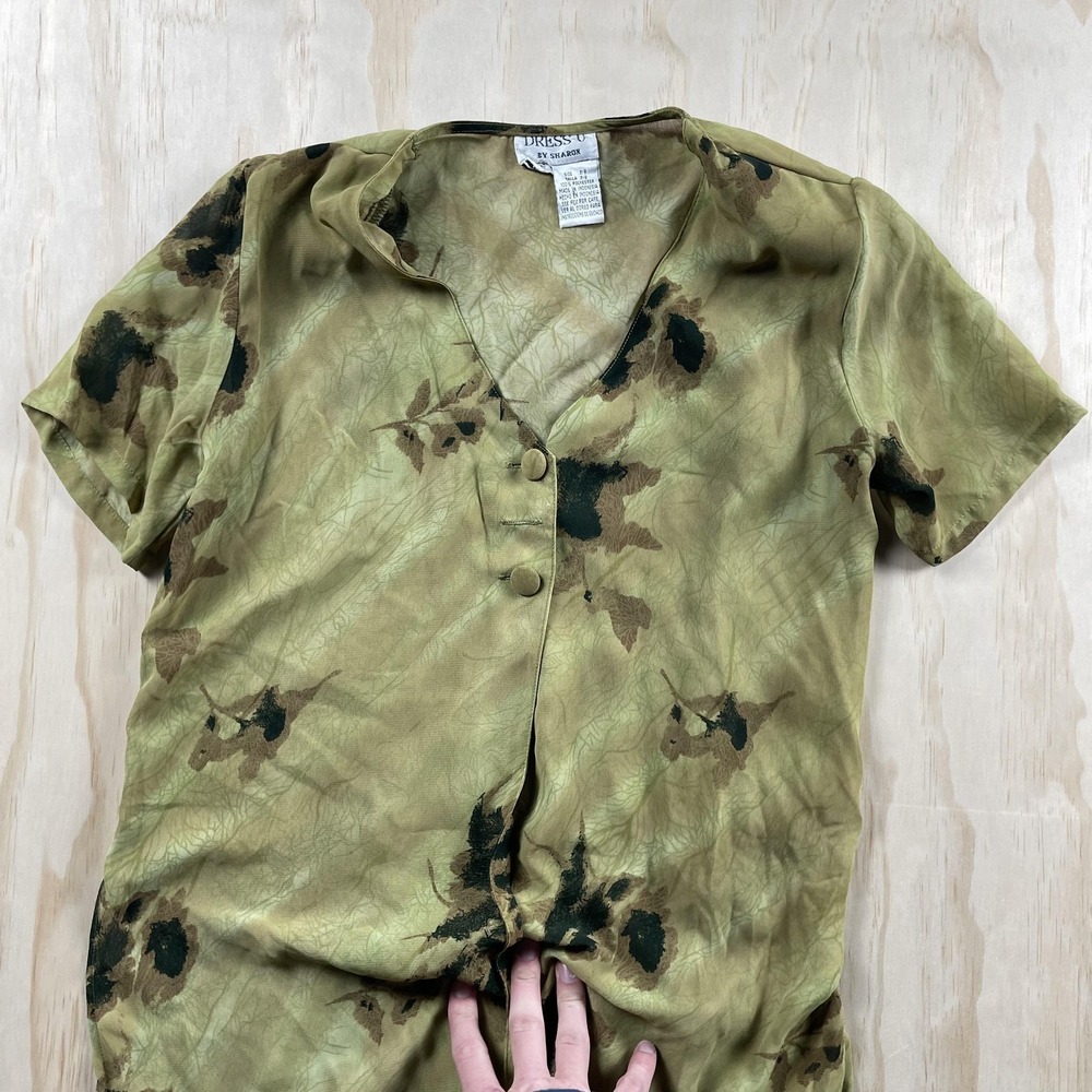 Vintage 90s Dress-U Blouse Womens 7/8 Green Floral Button Short Sleeve V Neck